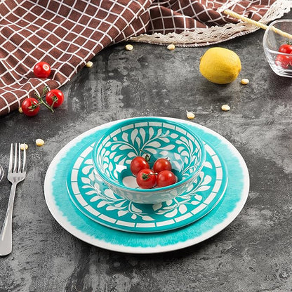 Melamine Dinnerware Sets -12 Piece Plates and Bowls Set for Indoor and Outdoor Use, Lightweight,Teal color,Green