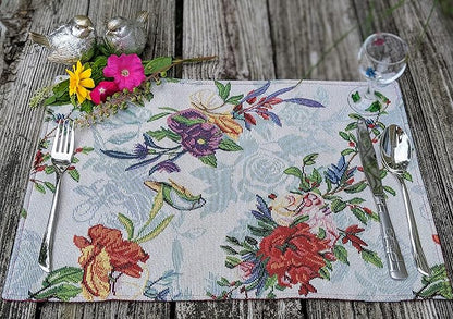 DaDa Bedding Tropical Paradise Floral Blue Roses Placemats - Set of 4 Tapestry Nature Birds Exotic Flowers Botanical Garden Berries - Decorative Linen Woven Kitchen Dining Table Mats - 13” x 19”