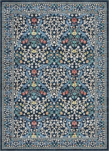 GarveeHome 8x10 Area Rugs, Washable Rugs for Living Room Non Slip Stain Resistant Ultra Soft Floral Rug, Boho Carpet Floor Mat for Bedroom Dining Room Nursery Playroom Office, Dark Blue