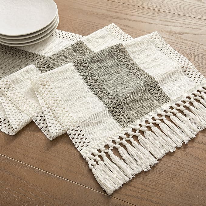 Macrame Style Bicolor Stitching Table Runner 14x108in Dark Sage | Woven Boho - Image 7
