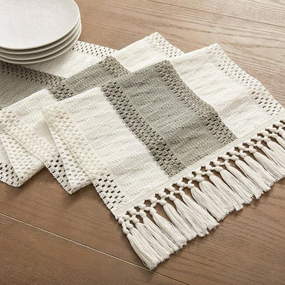 Macrame Style Bicolor Stitching Table Runner 14x60in Dark Sage | Woven Boho - Image 7