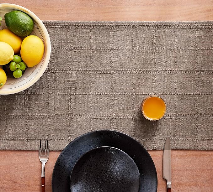 Linen Checked Farmhouse Table Runner, 13x36 Inches Cocoa Brown | Raised Grid - Image 7