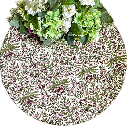 ATOSII Nargis Pink 100% Cotton Round Block Print Summer Tablecloth, Floral Table Cloth Linen for Dining Parties Weddings Outdoors Holidays I 60" Inches Round, 4 Seater I Grandmillennial Farmhouse Boho
