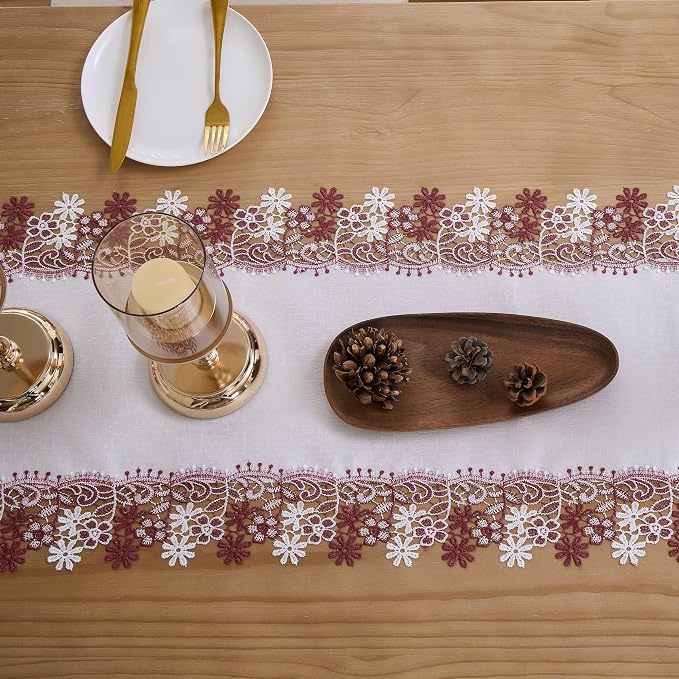 White Dark Red Floral Lace Table Runner Dresser Scarf | Christmas, Floral - Image 4