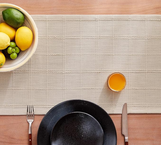 Linen Checked Farmhouse Table Runner, 13x48 Inches Neutral Beige | Raised Grid - Image 7