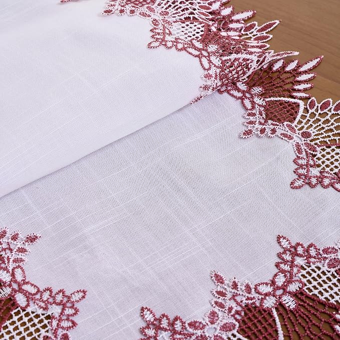 White Dark Red Linen Lace Table Runner 60 inches Dresser Scarf | White Sheer - Image 6