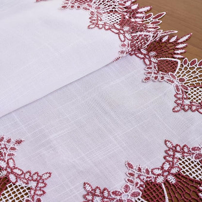 White Dark Red Linen Lace Table Runner 60 inches Dresser Scarf | White Sheer - Image 6