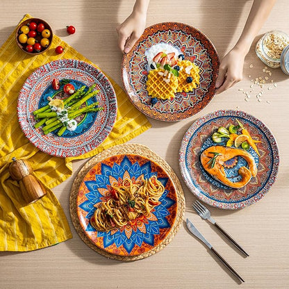 UNK U Melamine Dinner Plates Set of 6, 10.5 Inch Bohemian Plates in 6 Vibrant Colors, Unbreakable Dinner Plates for Kitchen, Weddings, Birthdays, Entertaining, Dishwasher Safe