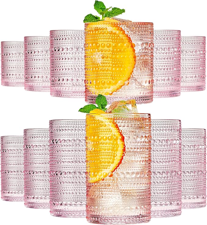 Khen Hobnail Beaded Highball Drinking Tumbler Glasses | Set of 12 | Pink Blush by Khen