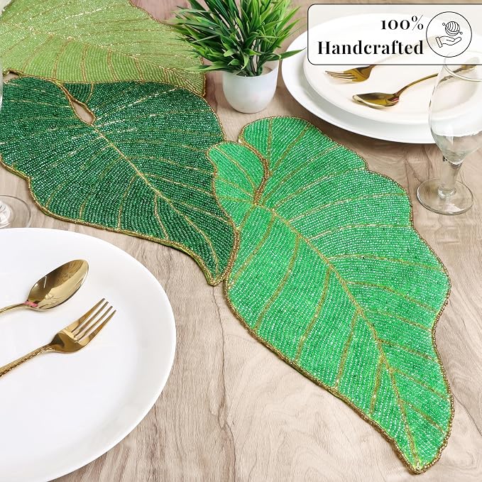 Green Leaf Beaded Table Runner, 36 in, Handcrafted Décor | 13x36 in, glass - Image 3