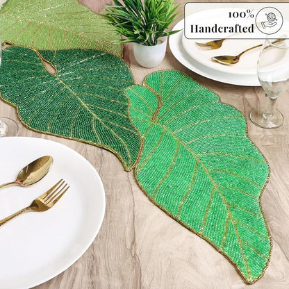 Green Leaf Beaded Table Runner, 36 in, Handcrafted Décor | 13x36 in, glass - Image 3