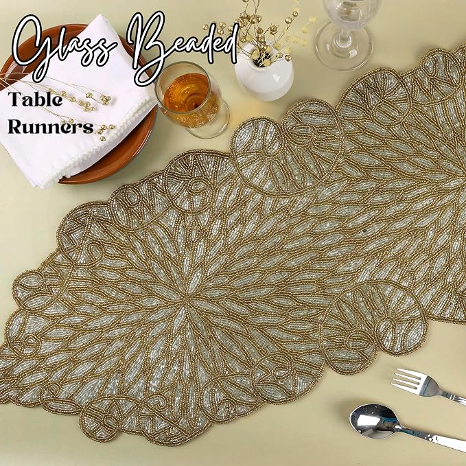 Gold Beaded Table Runner, 13x36 | 85% glass beads, 15% polyester backing - Image 2