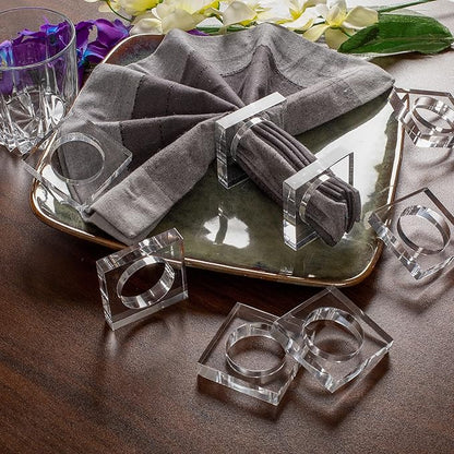 CLEENTABLE Acrylic Set of 12 Square Beveled Napkin Ring - Cloth Napkin Rings Serviette Buckles for Wedding, Birthday, Banquet, Table Décor, Home Décor, Gifting (Transparent)