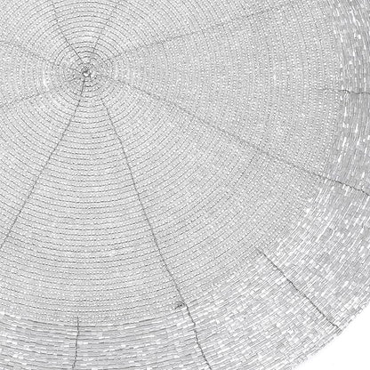 Lightnpro Beaded Placemats Set of 4-13 Inch Round Handmade Table Chargers - Rustic Farmhouse Glitz Table Décor for Dining Room, Christmas, Thanksgiving, Easter & Special Events- Whitish Silver