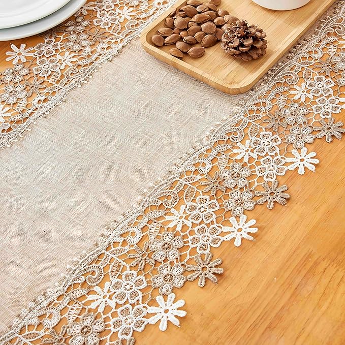 Natural Neutral Earth Tones Beige Floral Lace Table Runner Dresser Scarf 36 - Image 6