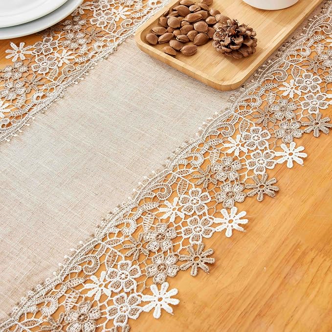 Natural Beige Floral Lace Table Runner Dresser Scarf | Rustic Farmhouse Style - Image 6