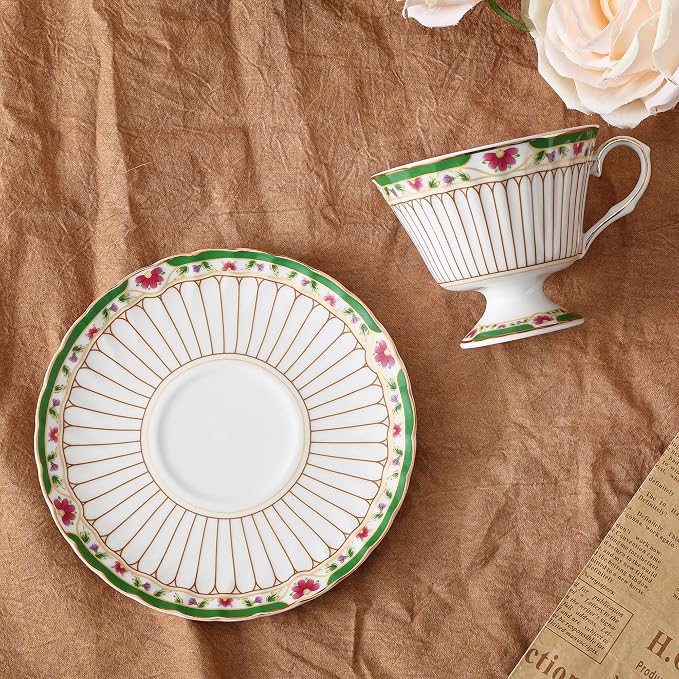 fanquare Nordic Style Tea Cup and Saucer, Classic Stripes Floral Teacup - Image 6