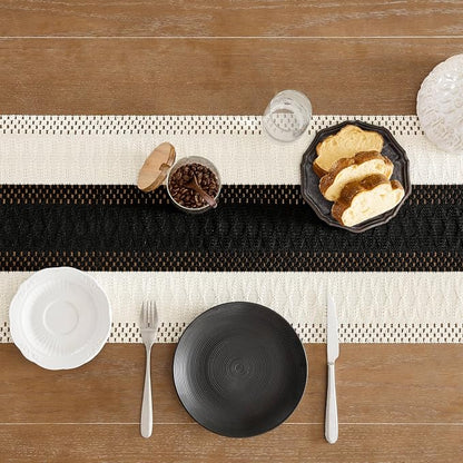 Macrame Style Bicolor Stitching Table Runner 14x72in Black | Woven Boho Table - Image 5