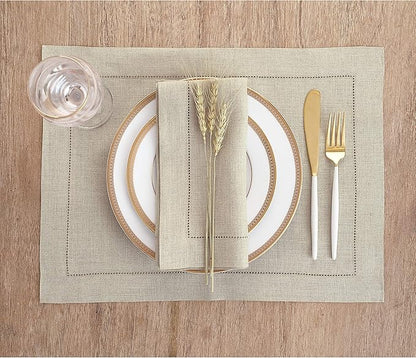 Solino Home Linen Placemats Set of 6 - Classic Hemstitch Natural Placemats 14 x 19 Inch - 100% Pure Linen Table Mats for Spring, Easter