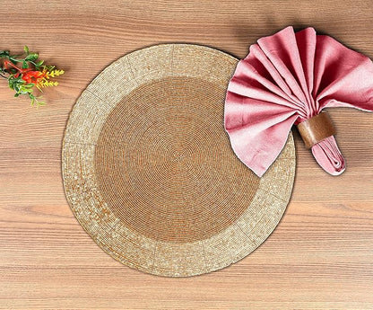 Lightnpro Handmade Beaded Placemats Set of 4 - Round Charger Mats - Farmhouse Style Table Decor for Dining, Wedding, Holiday, and Special Occasions - Elegant Glitz Table Setting - 13 Inch Gold