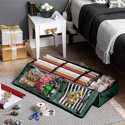 ZOBER Gift Wrapping Paper Organizer Storage - 40" Gift Wrap Storage Containers with Interior Pockets for Bows, Tags & Ribbons - Wrapping Paper Holder, 600D Oxford, Fits 24 Standard Rolls, Green/Black