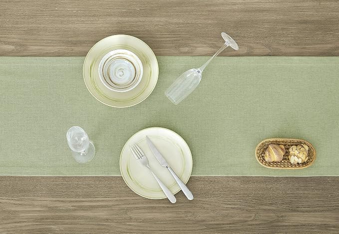 Basic Linen Style Table Runner, 14x108 Inch Sage Green | Mitered Corner Design - Image 3