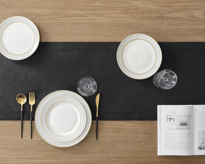 Linen Textured Border Table Runner, 14 x 90 Inch Black | Mitered Corner Design - Image 4