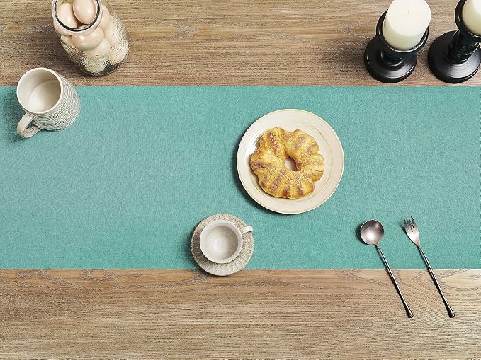 Basic Linen Style Table Runner, 14x108 Inch Teal | Mitered Corner Design - Image 3