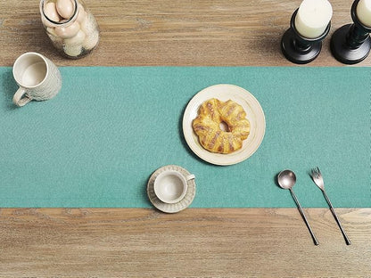 Basic Linen Style Table Runner, 14x108 Inch Teal | Mitered Corner Design - Image 3