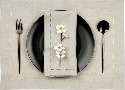 D'Moksha Homes Linen Placemats Set of 8 - Classic Hemstitch Natural Placemats 14 x 19 Inch - 100% Pure Linen Table Mats for Valentines, Spring, Easter - Handcrafted and Machine Washable
