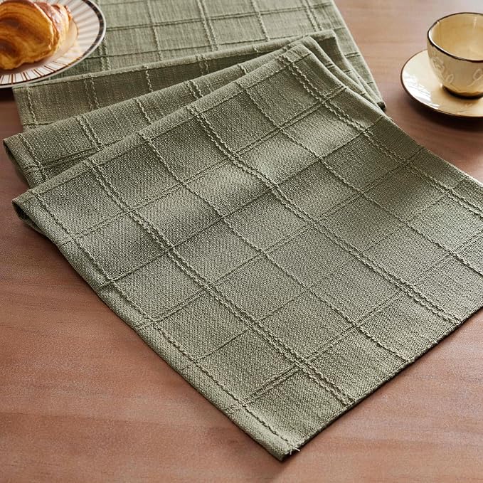 Linen Checked Farmhouse Table Runner, 13x60 Inches Olive | Raised Grid Design by ZEEMARTONLINE