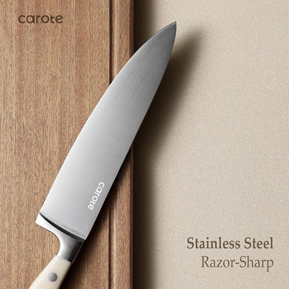 CAROTE 14-Piece Knife Set with Wood Block, Rust-Resistant, Cream | Razor-Sharp - Image 3