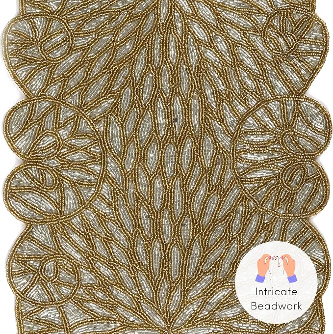 Gold Beaded Table Runner, 13x36 | 85% glass beads, 15% polyester backing - Image 6
