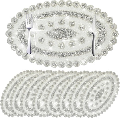 Sparkling Silver Diamond Placemats Bling Oval Place Mat Heat Elegant Table Decor for Weddings, Holidays, and Special Events (15x9 Inch)-8 PCS