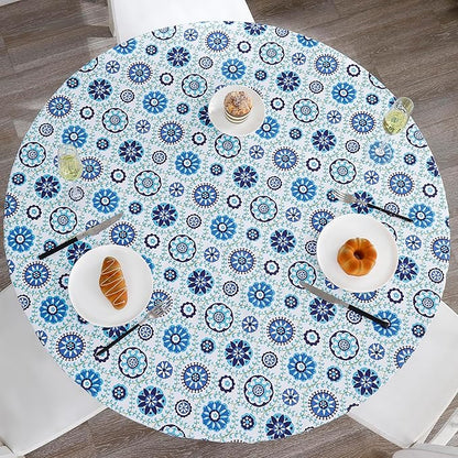 Walrus Round Vinyl Fitted Tablecloth with Flannel Backing Elastic Edge Design Table Cover Waterproof Oil-Proof PVC Table Cloth Stain-Resistant Best for 57"-66" Round