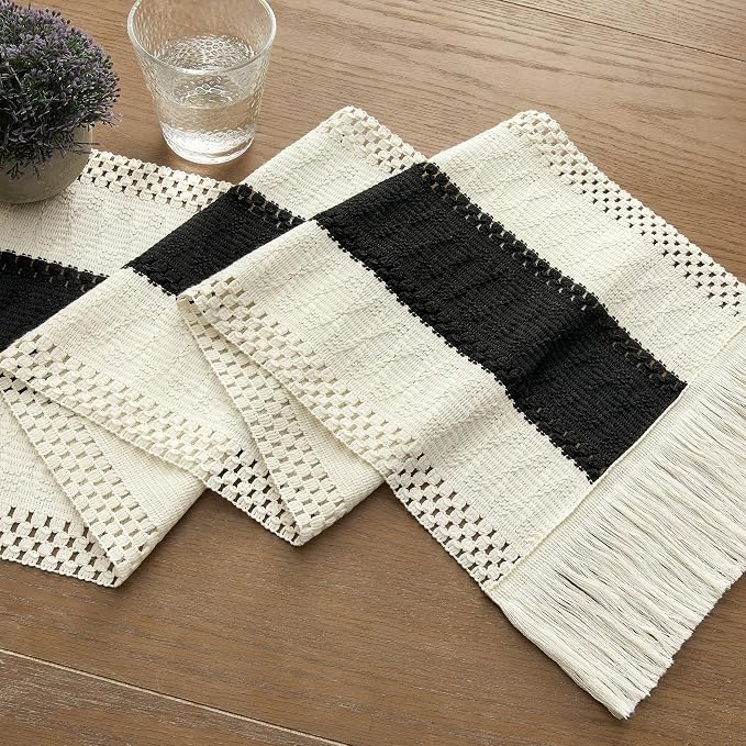 Macrame Style Bicolor Stitching Table Runner, 12 x 108 Inch Black/Ivory - Image 7