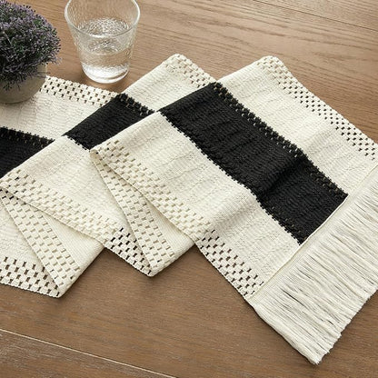 Macrame Style Bicolor Stitching Table Runner, 12 x 108 Inch Black/Ivory - Image 7