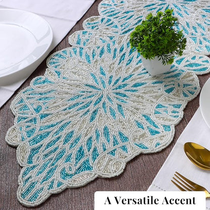 Beaded Table Runner, Sky Blue White, 36x13 | Glass beads on polyester backing - Image 9