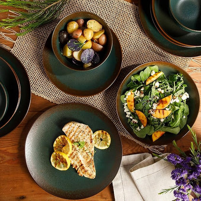 Bloomhouse - Two Time Oprah's Favorite Things Winner - Palermo Sun Double Bowl Stoneware Reactive Glaze Plates and Bowls Dinnerware Set - Agave Blue, Service for Four (16pcs)