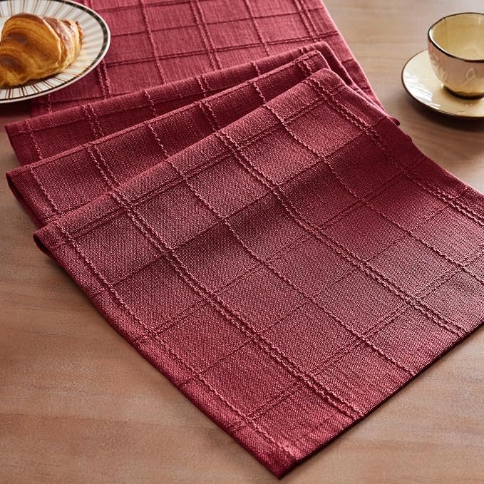 Linen Checked Farmhouse Table Runner, 13x36 Inches Burgundy | Raised Grid Design by ZEEMARTONLINE