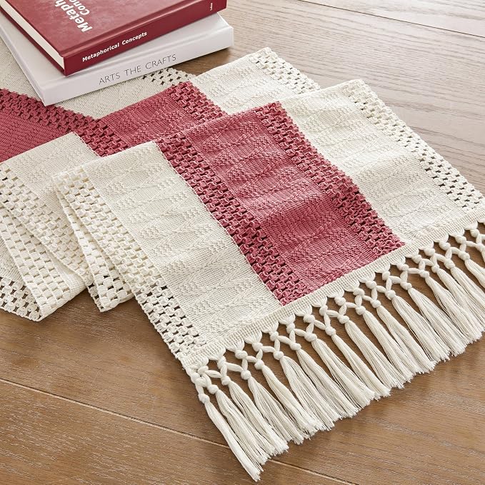 Macrame Style Bicolor Stitching Table Runner 14x48in Dusty Rose | Woven Boho - Image 7