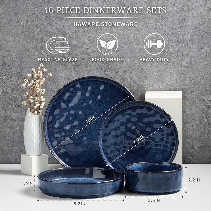 HaWare Dinnerware Sets, 16-Piece Plates and Bowls Set, Reactive Starry Blue | - Image 2