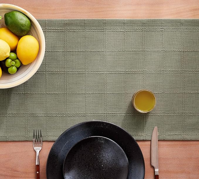 Linen Checked Farmhouse Table Runner, 13x36 Inches Olive | Raised Grid Design - Image 7