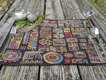 DaDa Bedding Bohemian Ethnic Ornaments Tapestry Placemats - Set of 4-Pieces Greek Ethnic Calligraphy Geometric Colorful Dark Black Design - Decorative Cotton Woven Kitchen Dining Mats - 13” x 19”