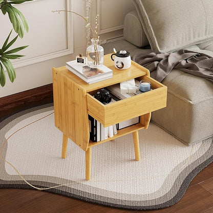 ZIYOO Nightstand with Drawer Open Shelf, Mid Century Modern Bedside Table, Small End Table for Living Room&Small Spaces, Bedroom, Natural Bamboo