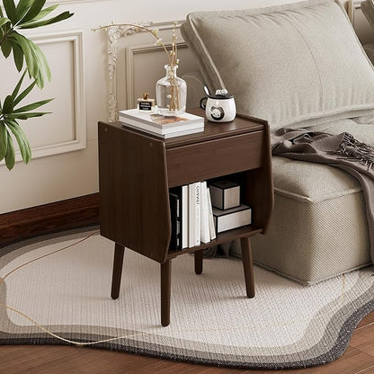 ZIYOO Nightstand with Drawer Open Shelf, Mid Century Modern Bedside Table, Small End Table for Living Room&Small Spaces, Bedroom, Walnut
