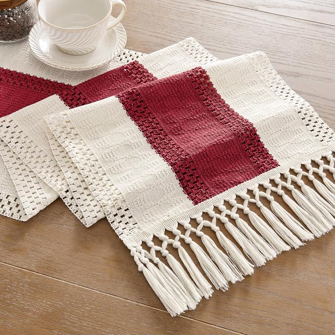 Macrame Style Bicolor Stitching Table Runner 14x36in Red | Woven Boho Table - Image 7