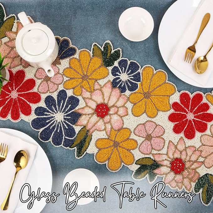 Yellow Red Beaded Table Runner, 13 x 36 | 85% glass beads, 15% polyester backing - Image 6