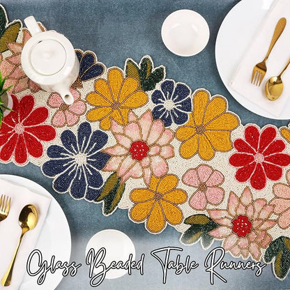 Yellow Red Beaded Table Runner, 13 x 36 | 85% glass beads, 15% polyester backing - Image 6