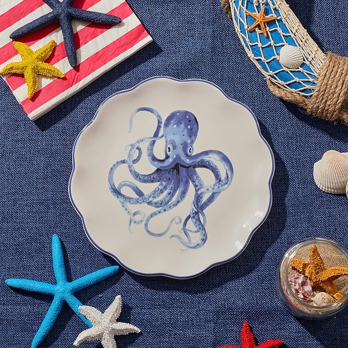 Bico Ocean Wonders Scalloped Salad Plates Set of 4, 8.75 Inch Ceramic Dessert - Image 6